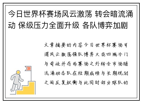 今日世界杯赛场风云激荡 转会暗流涌动 保级压力全面升级 各队博弈加剧