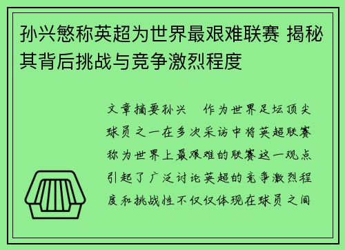 孙兴慜称英超为世界最艰难联赛 揭秘其背后挑战与竞争激烈程度